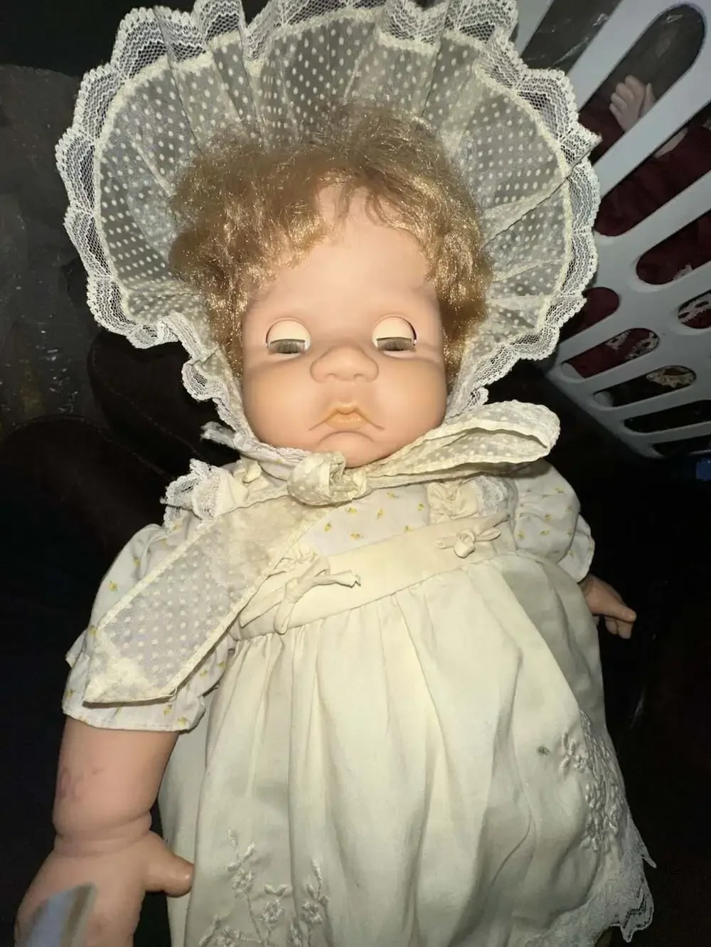Vintage 1986 Playmates Toys Inc. Baby Doll Model 3210 with Lace Bonnet and Dress